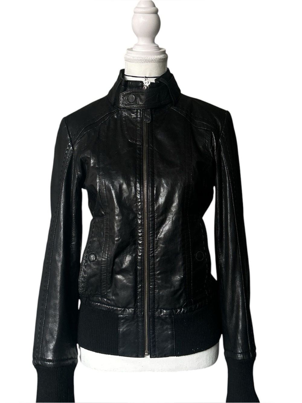 Y2K Grunge “Danier” Basic Black Leather Biker Moto Style Zip-up Bomber Jacket